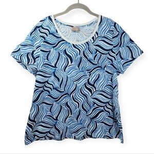 Chico’s Wavy Blue White Stripes Top Size XL Coastal Beachy Cotton Tee